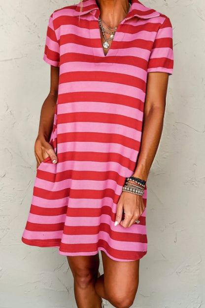 Casual Striped Polo Collar T-Shirt Dress-Nordavory