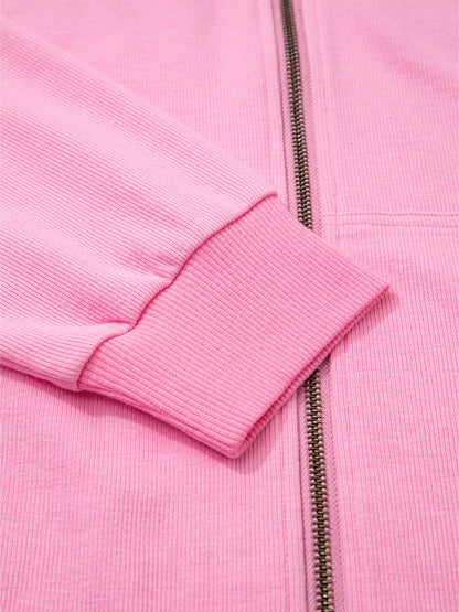 Solid Color Ribbed Zip Up Drawstring Hooded Jacket-Nordavory