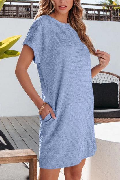 Solid Color Textured Crinkle Short Sleeve T Shirt Dress-Nordavory