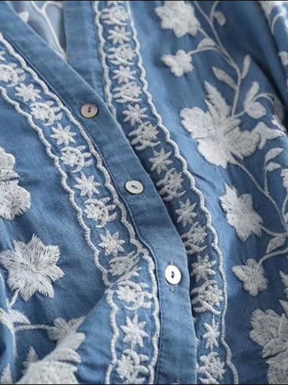 Floral Embroidered Button Up Denim Shirt-Nordavory