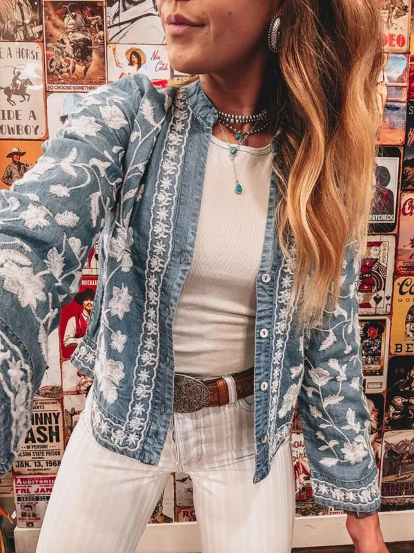 Floral Embroidered Button Up Denim Shirt-Nordavory