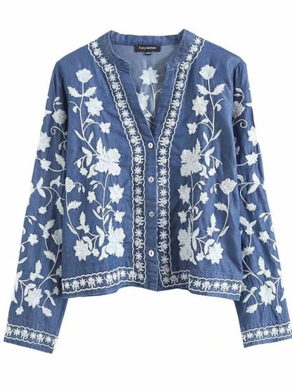 Floral Embroidered Button Up Denim Shirt-Nordavory