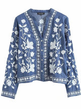 Floral Embroidered Button Up Denim Shirt - Nordavory