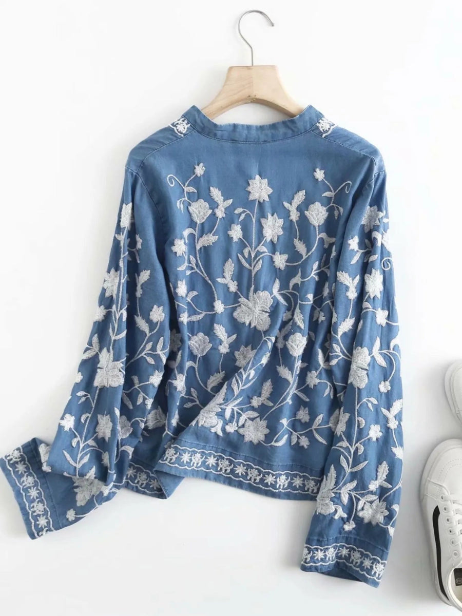 Floral Embroidered Button Up Denim Shirt-Nordavory