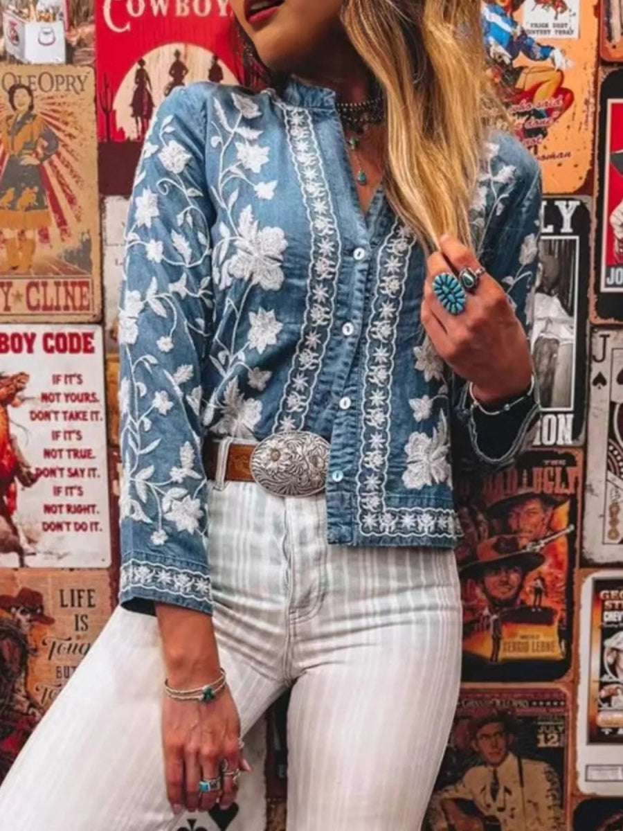Floral Embroidered Button Up Denim Shirt-Nordavory