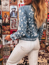 Floral Embroidered Button Up Denim Shirt - Nordavory