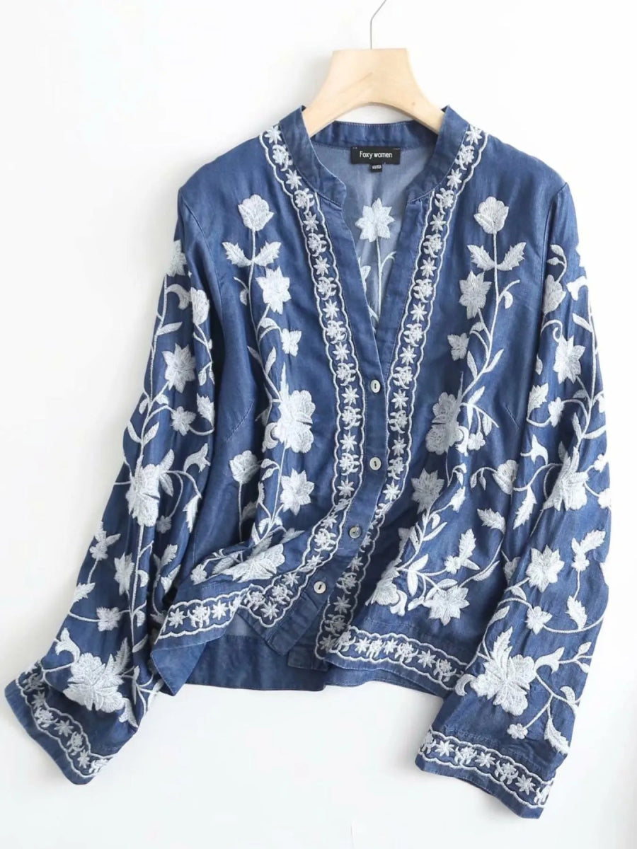 Floral Embroidered Button Up Denim Shirt-Nordavory