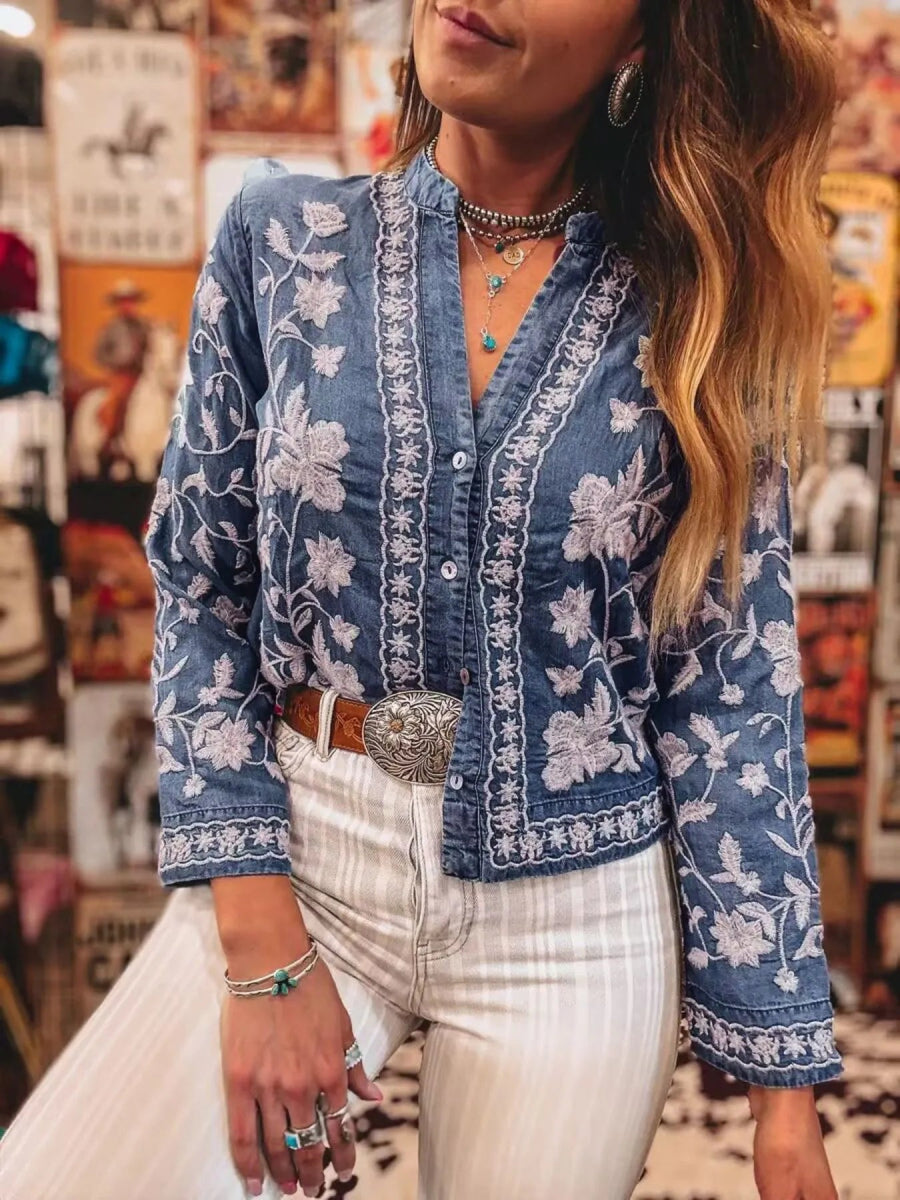 Floral Embroidered Button Up Denim Shirt-Nordavory