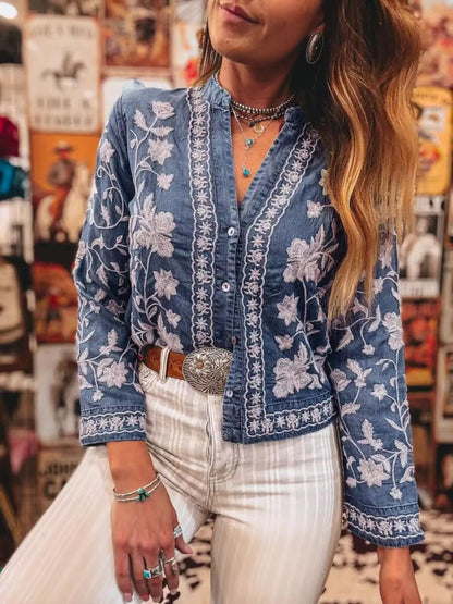 Floral Embroidered Button Up Denim Shirt-Nordavory