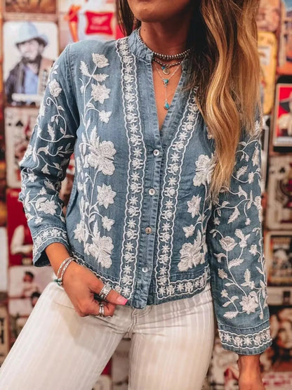 Floral Embroidered Button Up Denim Shirt-Nordavory