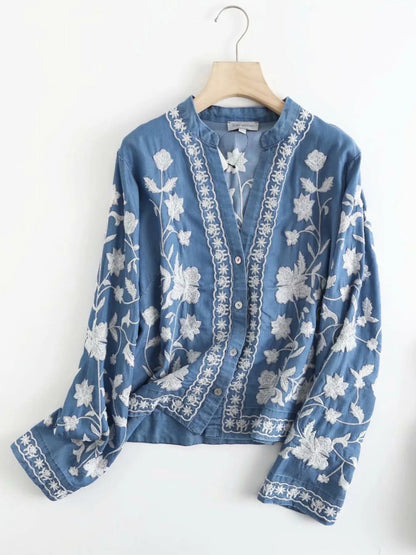 Floral Embroidered Button Up Denim Shirt-Nordavory