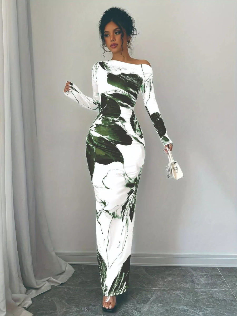 Floral One Shoulder Long Sleeve Maxi Dress-Nordavory