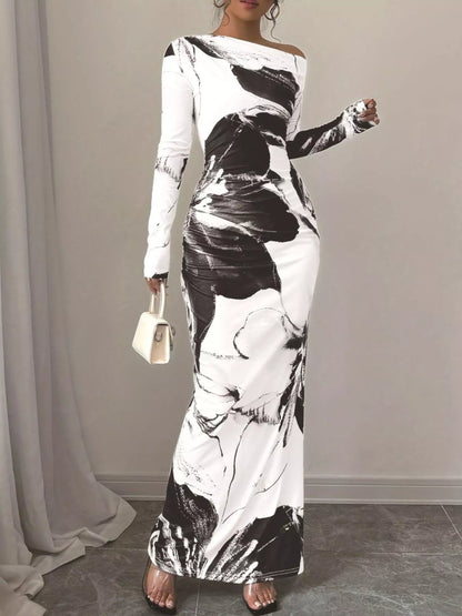 Floral One Shoulder Long Sleeve Maxi Dress-Nordavory