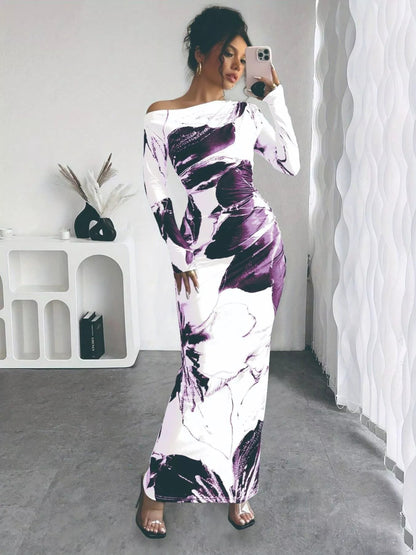 Floral One Shoulder Long Sleeve Maxi Dress-Nordavory