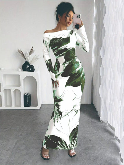 Floral One Shoulder Long Sleeve Maxi Dress-Nordavory