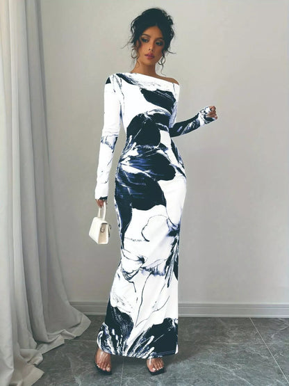 Floral One Shoulder Long Sleeve Maxi Dress-Nordavory