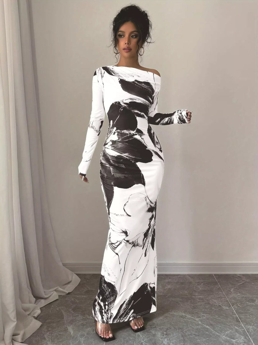 Floral One Shoulder Long Sleeve Maxi Dress-Nordavory