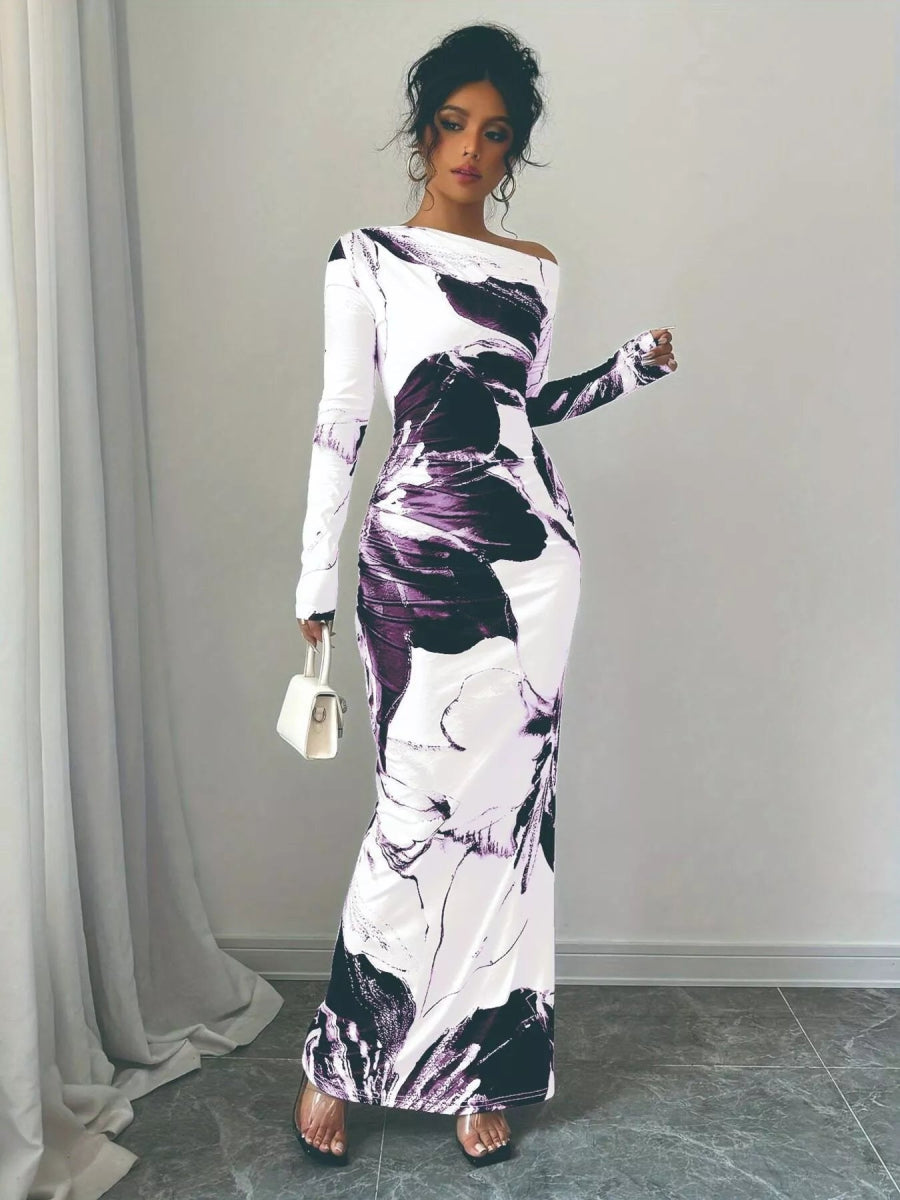 Floral One Shoulder Long Sleeve Maxi Dress-Nordavory