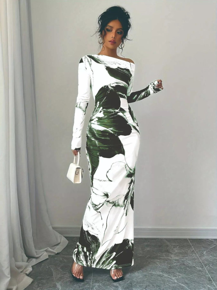 Floral One Shoulder Long Sleeve Maxi Dress-Nordavory