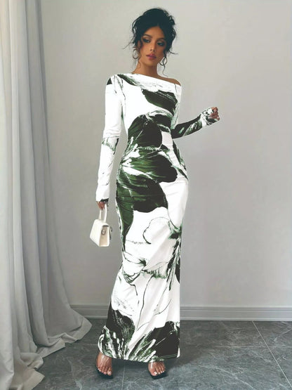 Floral One Shoulder Long Sleeve Maxi Dress-Nordavory