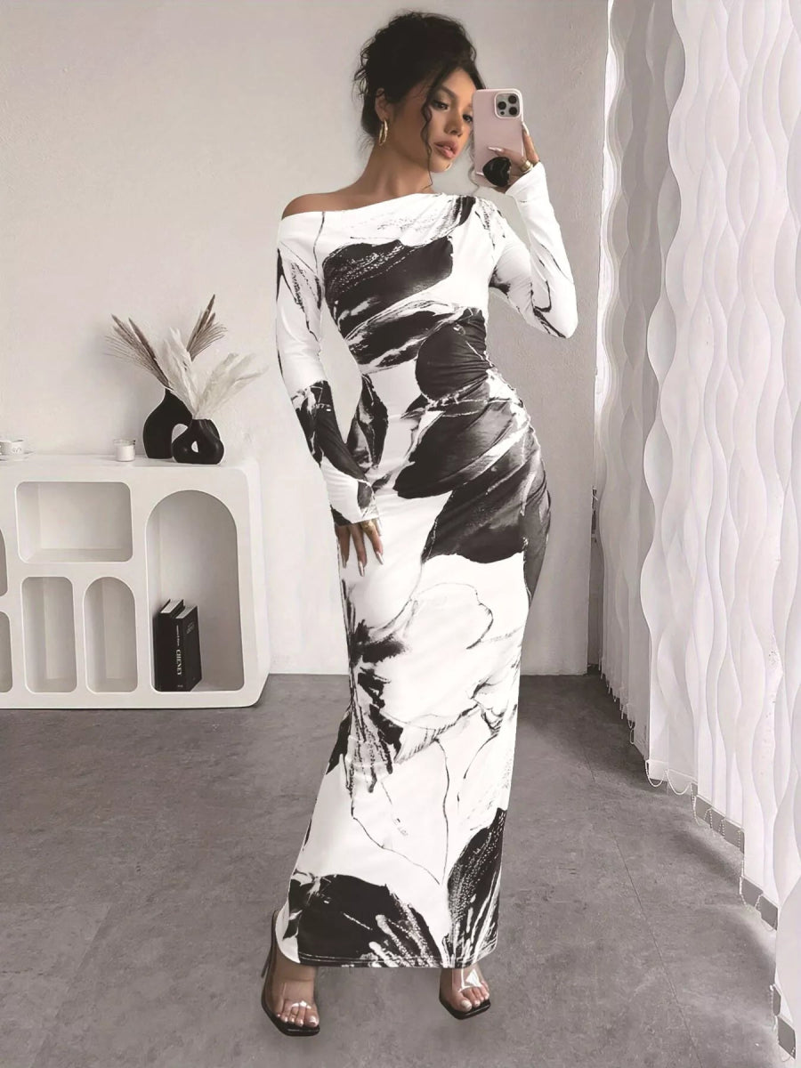 Floral One Shoulder Long Sleeve Maxi Dress-Nordavory