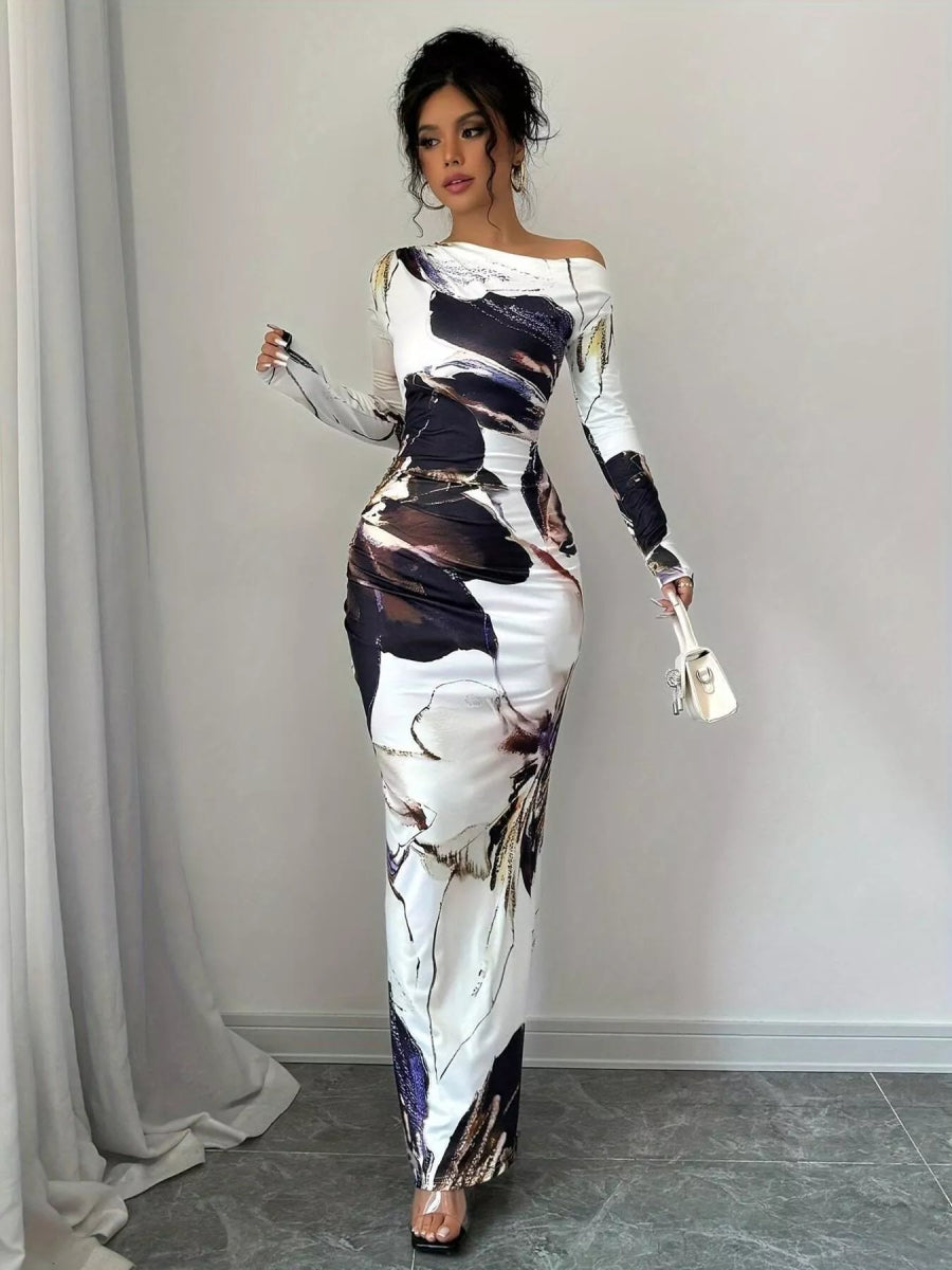 Floral One Shoulder Long Sleeve Maxi Dress-Nordavory