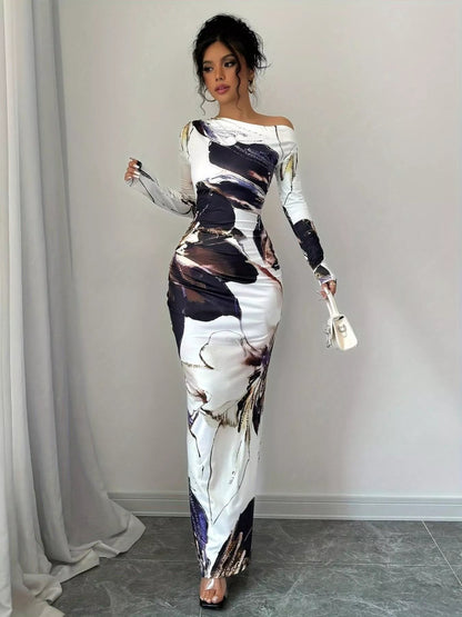 Floral One Shoulder Long Sleeve Maxi Dress-Nordavory