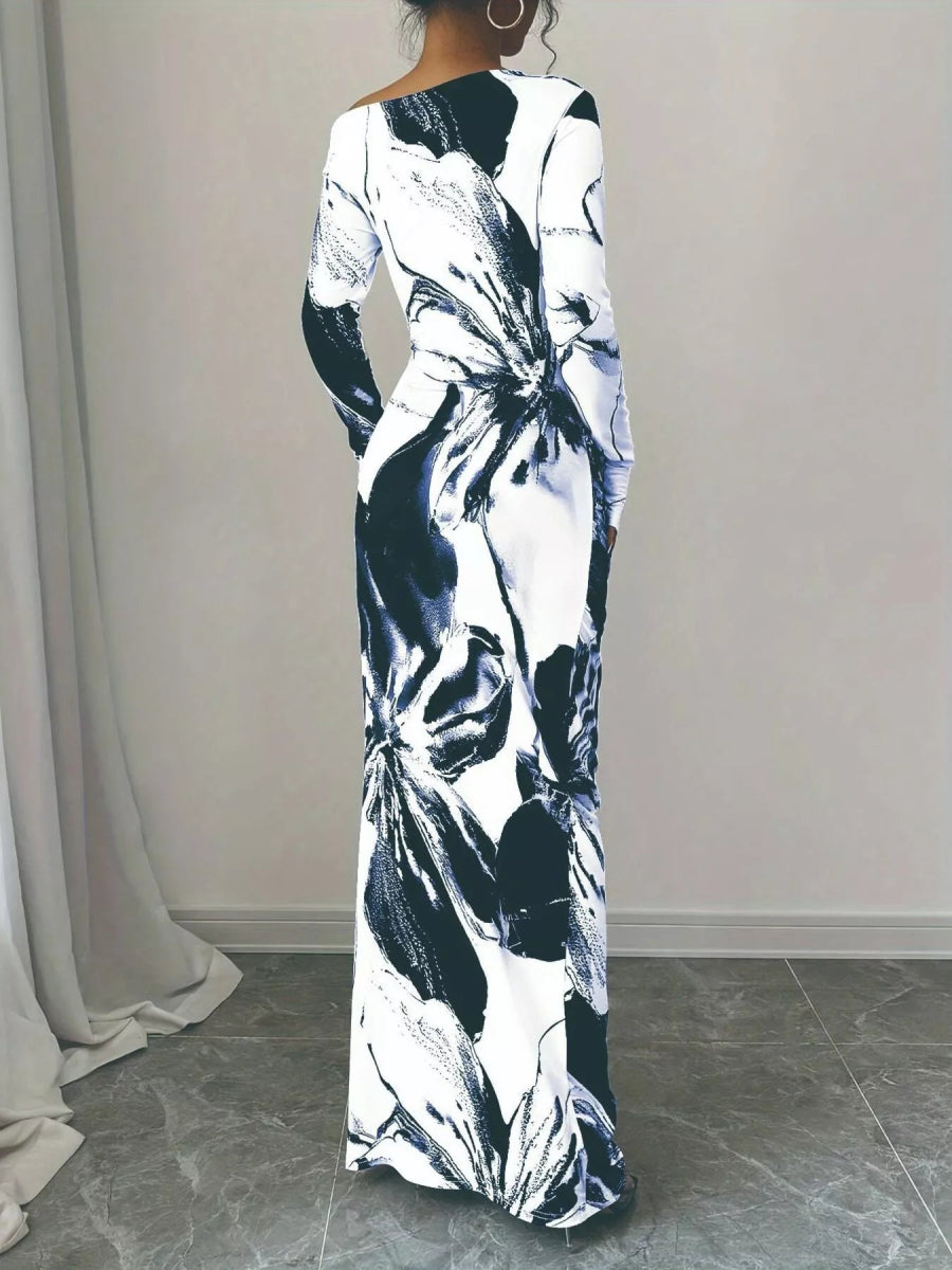 Floral One Shoulder Long Sleeve Maxi Dress-Nordavory