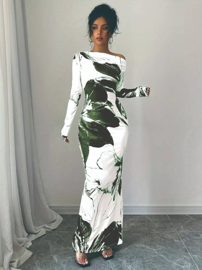 Floral One Shoulder Long Sleeve Maxi Dress-Nordavory