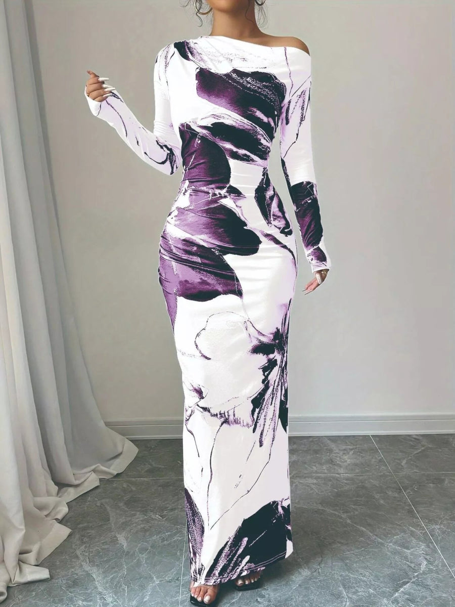 Floral One Shoulder Long Sleeve Maxi Dress-Nordavory