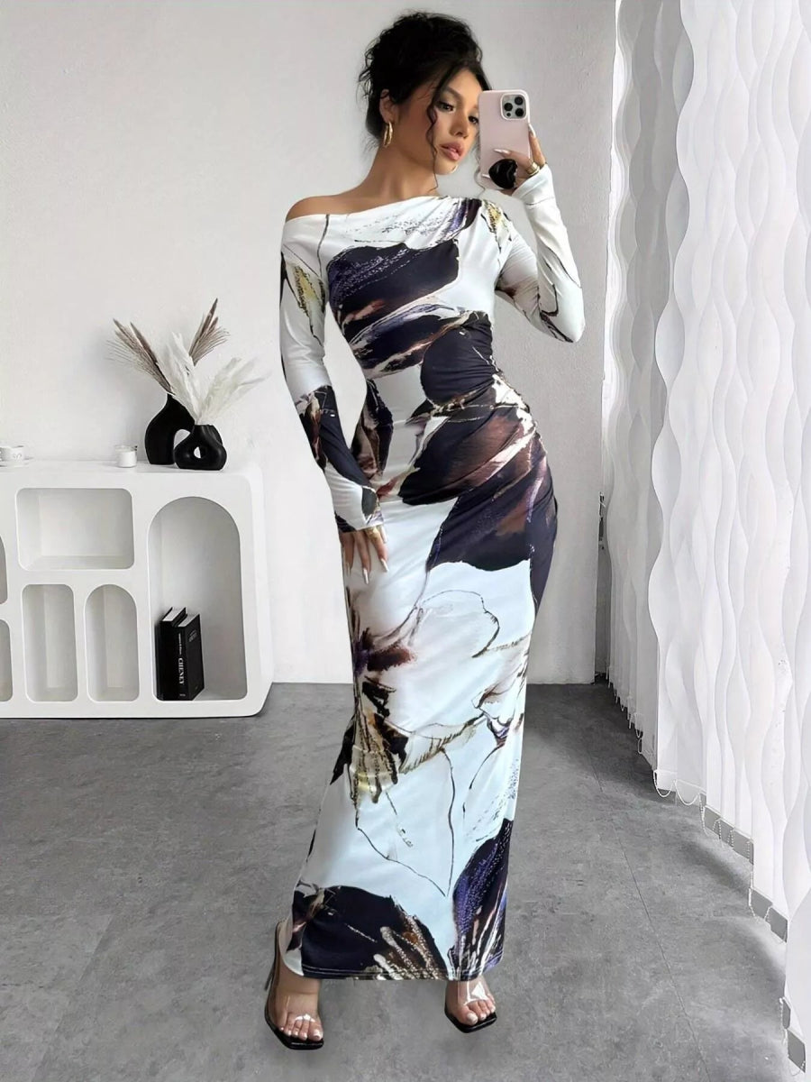 Floral One Shoulder Long Sleeve Maxi Dress-Nordavory