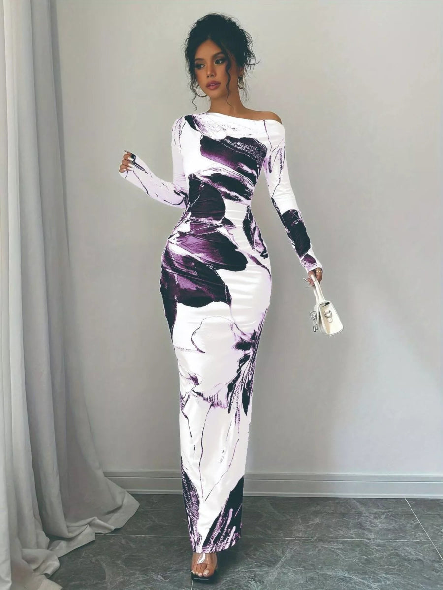 Floral One Shoulder Long Sleeve Maxi Dress-Nordavory