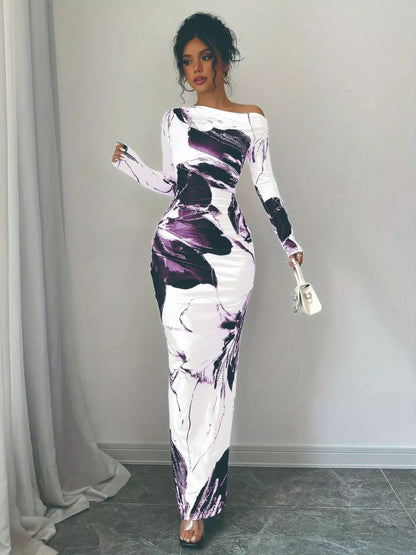 Floral One Shoulder Long Sleeve Maxi Dress-Nordavory
