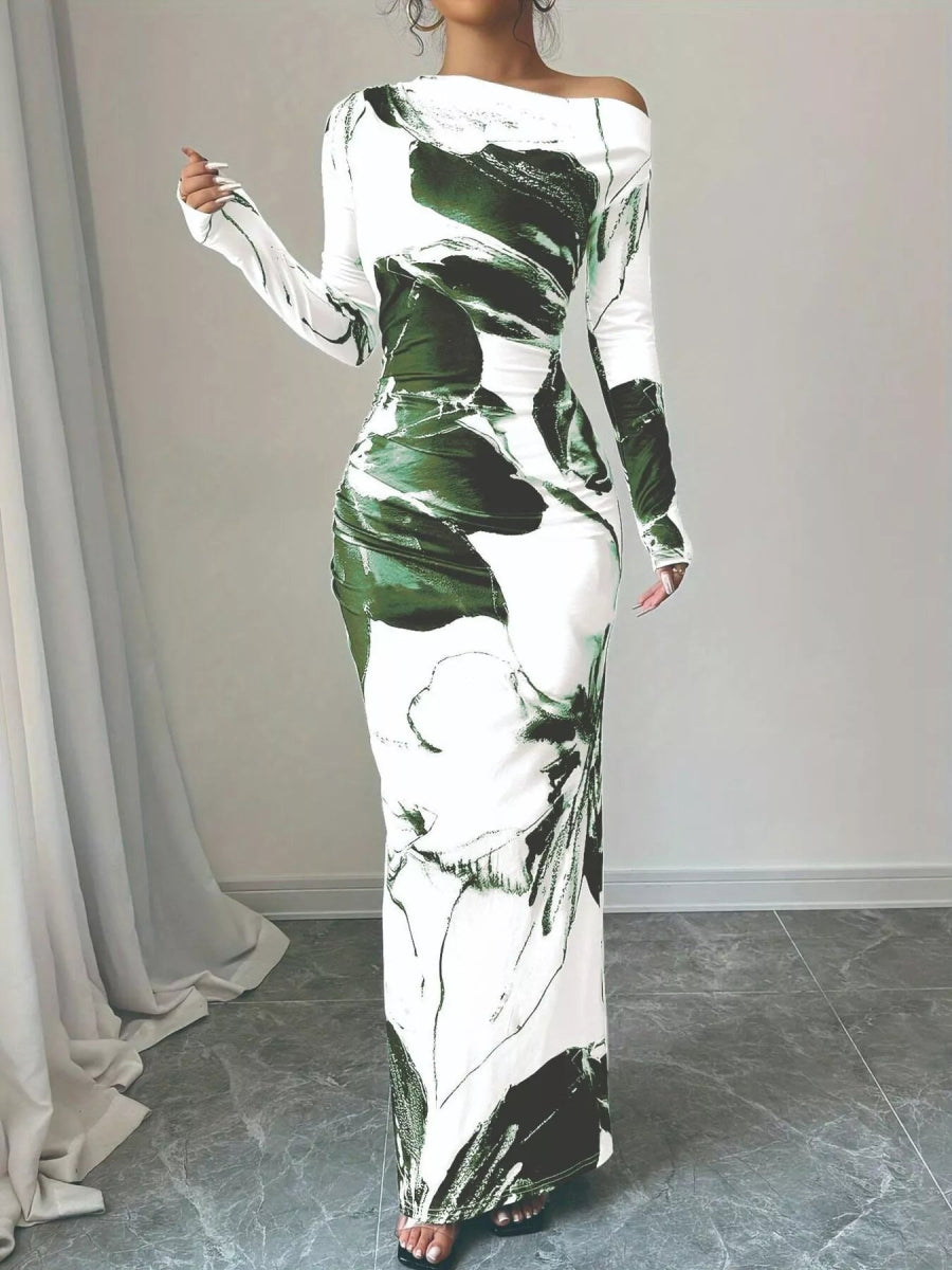 Floral One Shoulder Long Sleeve Maxi Dress-Nordavory