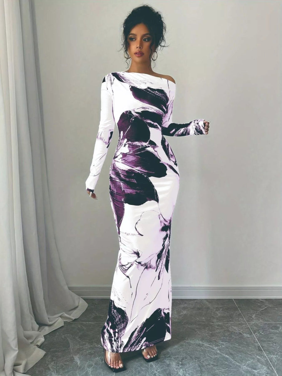 Floral One Shoulder Long Sleeve Maxi Dress-Nordavory