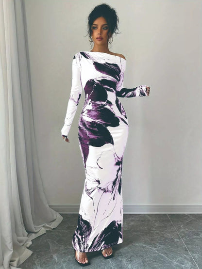 Floral One Shoulder Long Sleeve Maxi Dress-Nordavory