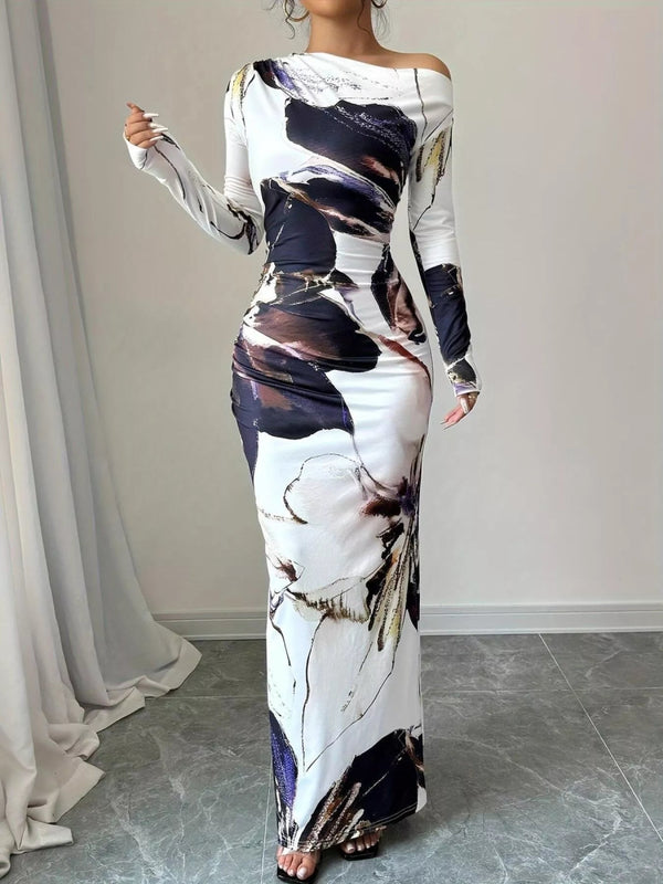 Floral One Shoulder Long Sleeve Maxi Dress-Nordavory