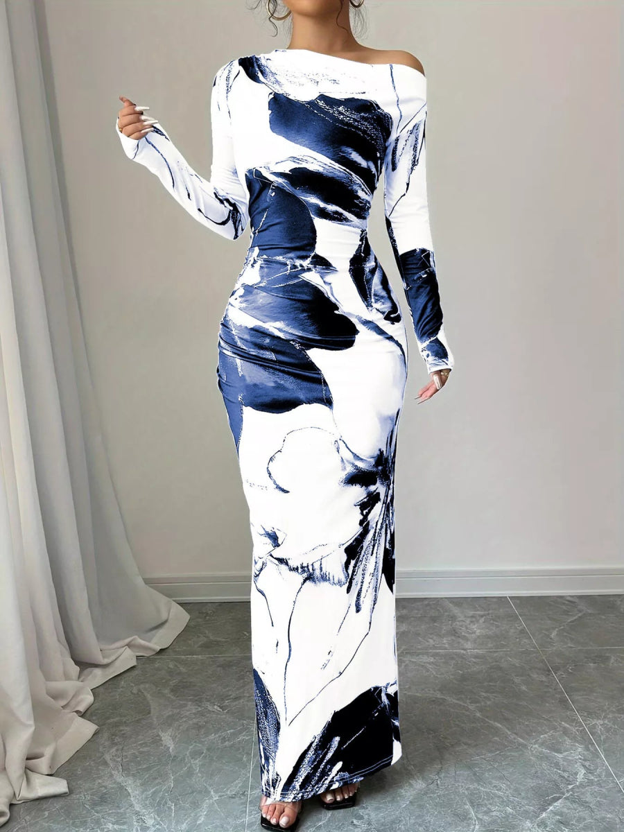 Floral One Shoulder Long Sleeve Maxi Dress-Nordavory