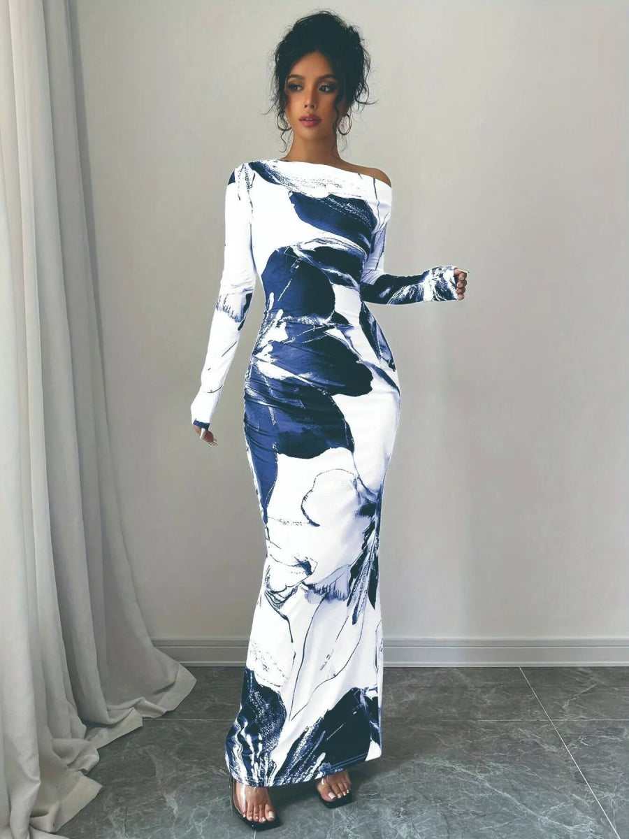 Floral One Shoulder Long Sleeve Maxi Dress-Nordavory