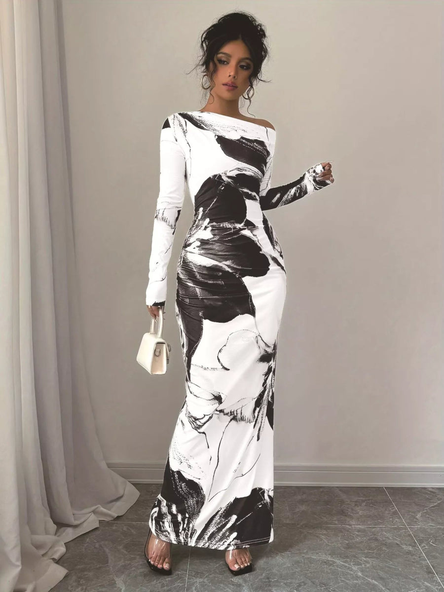 Floral One Shoulder Long Sleeve Maxi Dress-Nordavory
