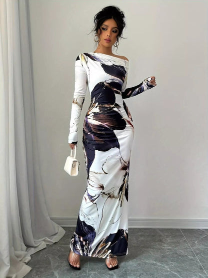 Floral One Shoulder Long Sleeve Maxi Dress-Nordavory