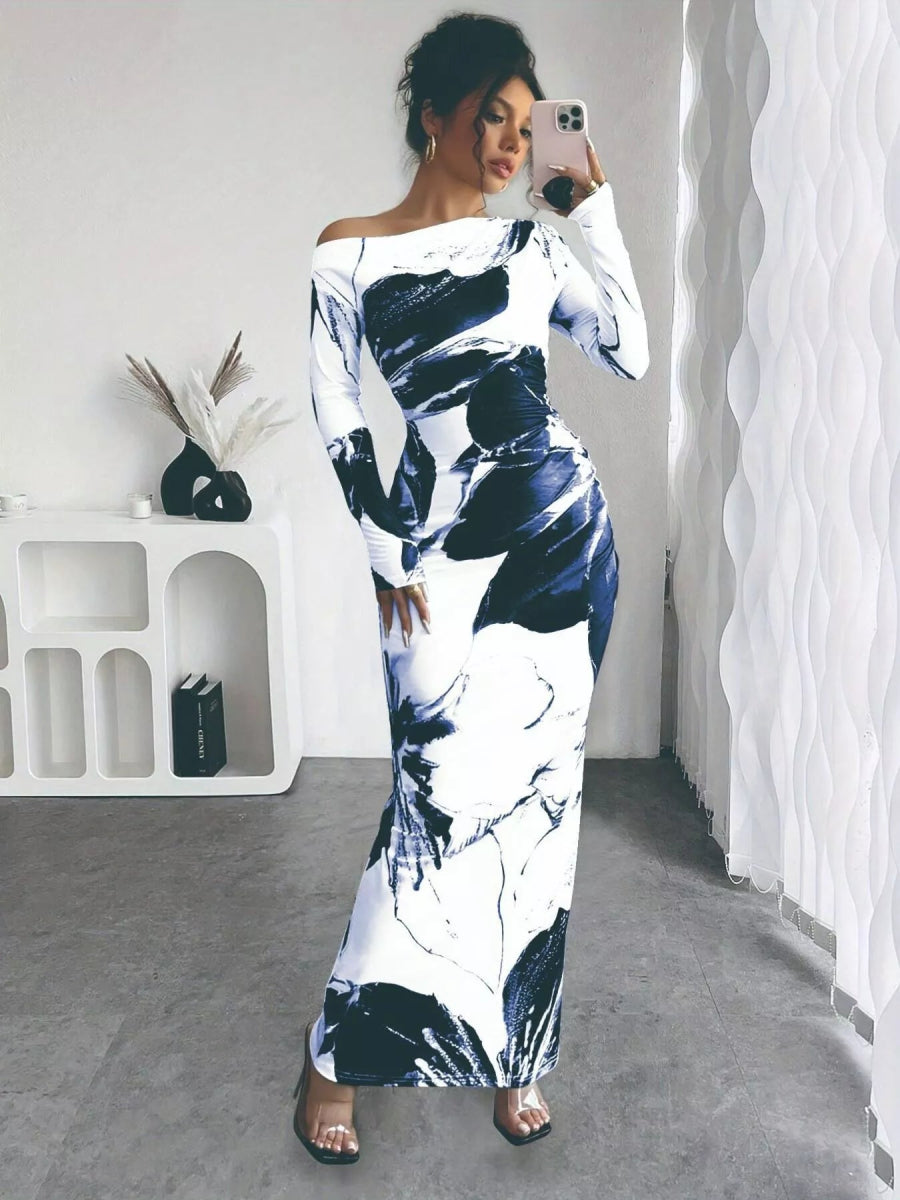 Floral One Shoulder Long Sleeve Maxi Dress-Nordavory