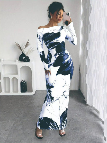 Floral One Shoulder Long Sleeve Maxi Dress-Nordavory