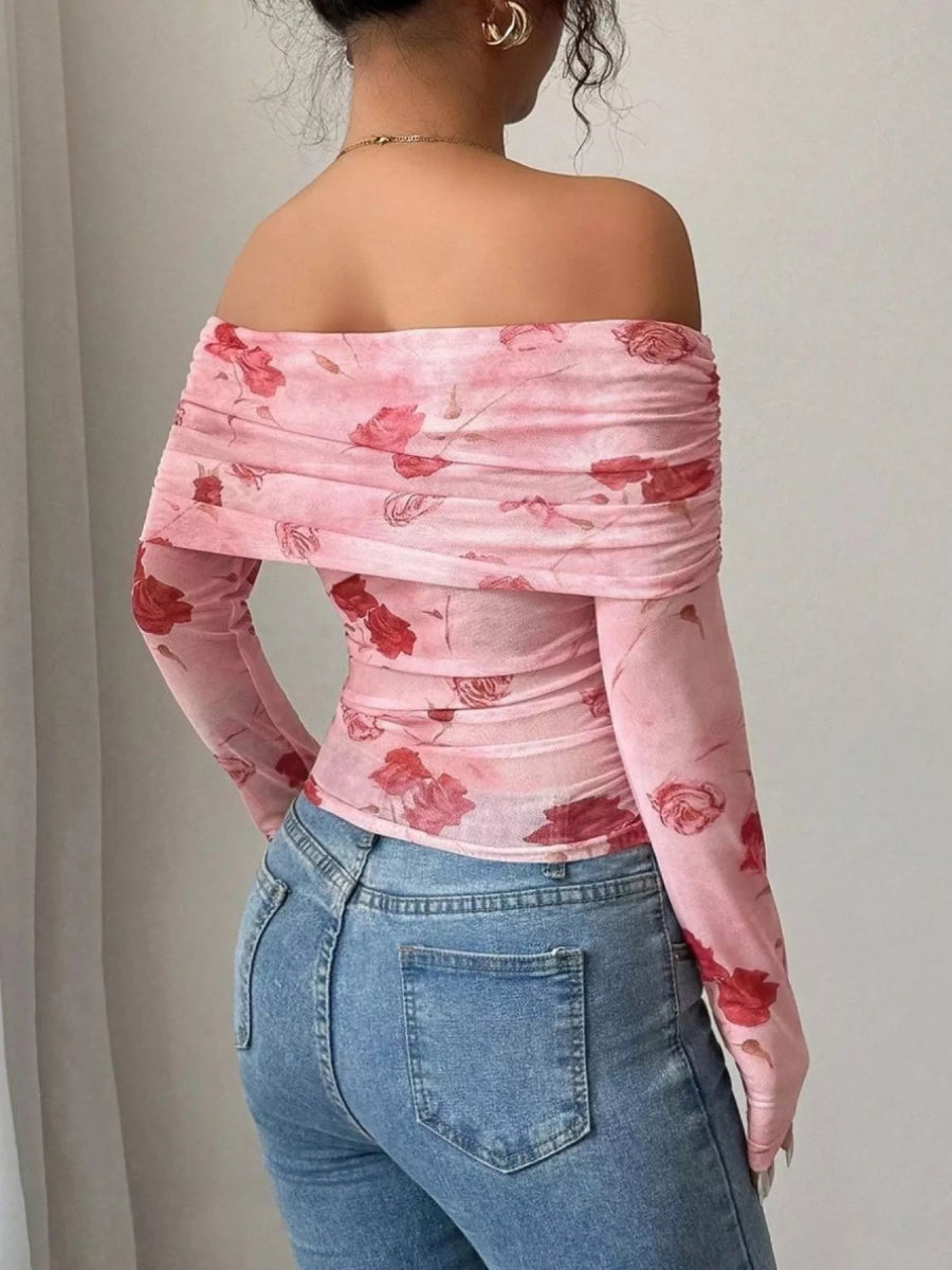 Floral Print Off-Shoulder Mesh Top-Nordavory