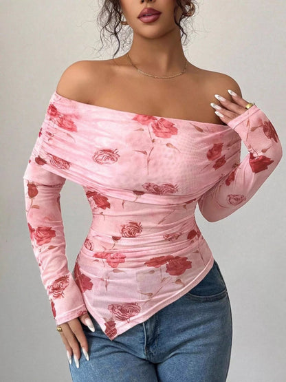 Floral Print Off-Shoulder Mesh Top-Nordavory