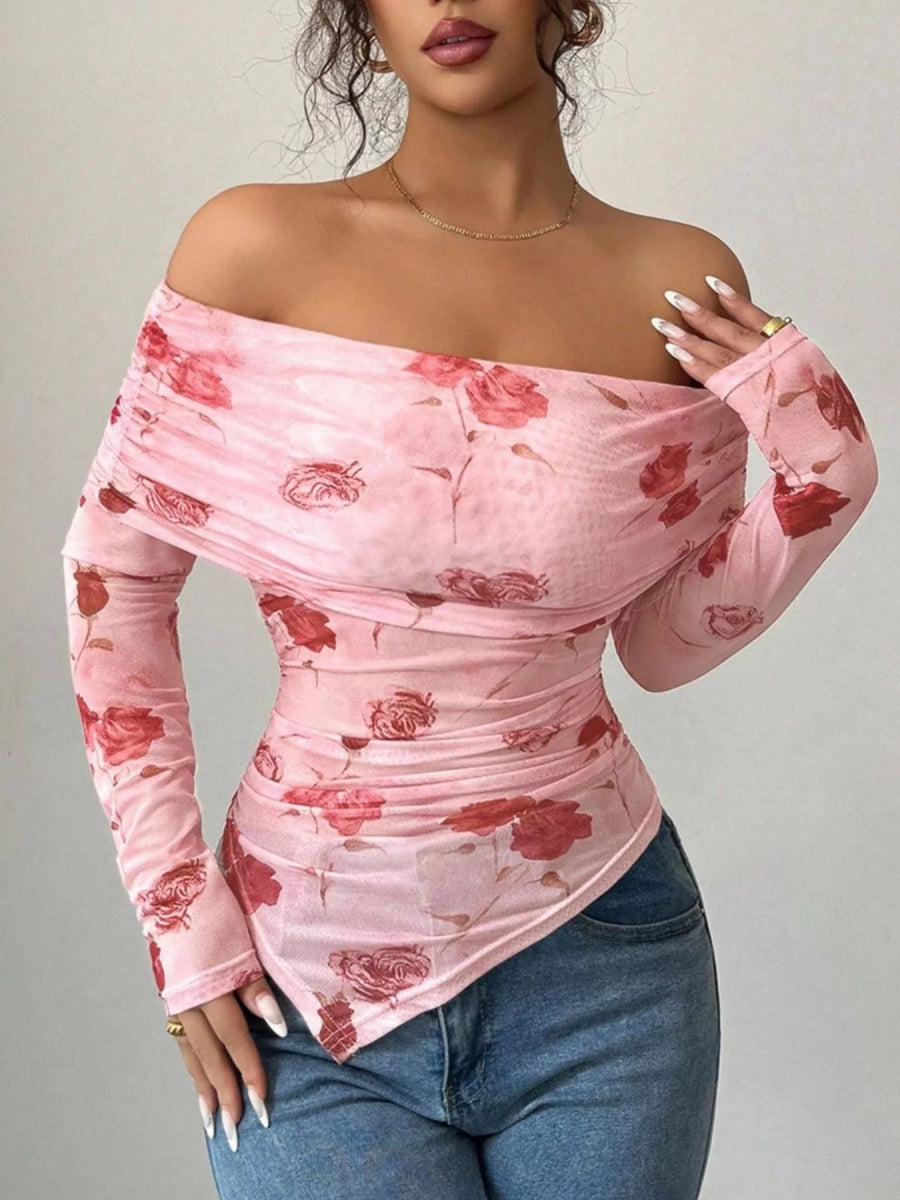 Floral Print Off-Shoulder Mesh Top-Nordavory