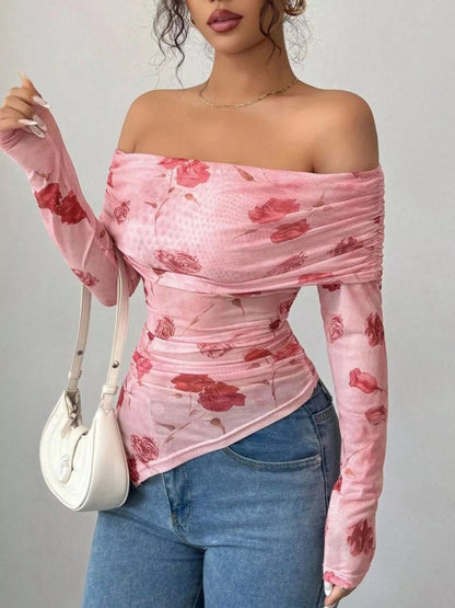 Floral Print Off-Shoulder Mesh Top-Nordavory