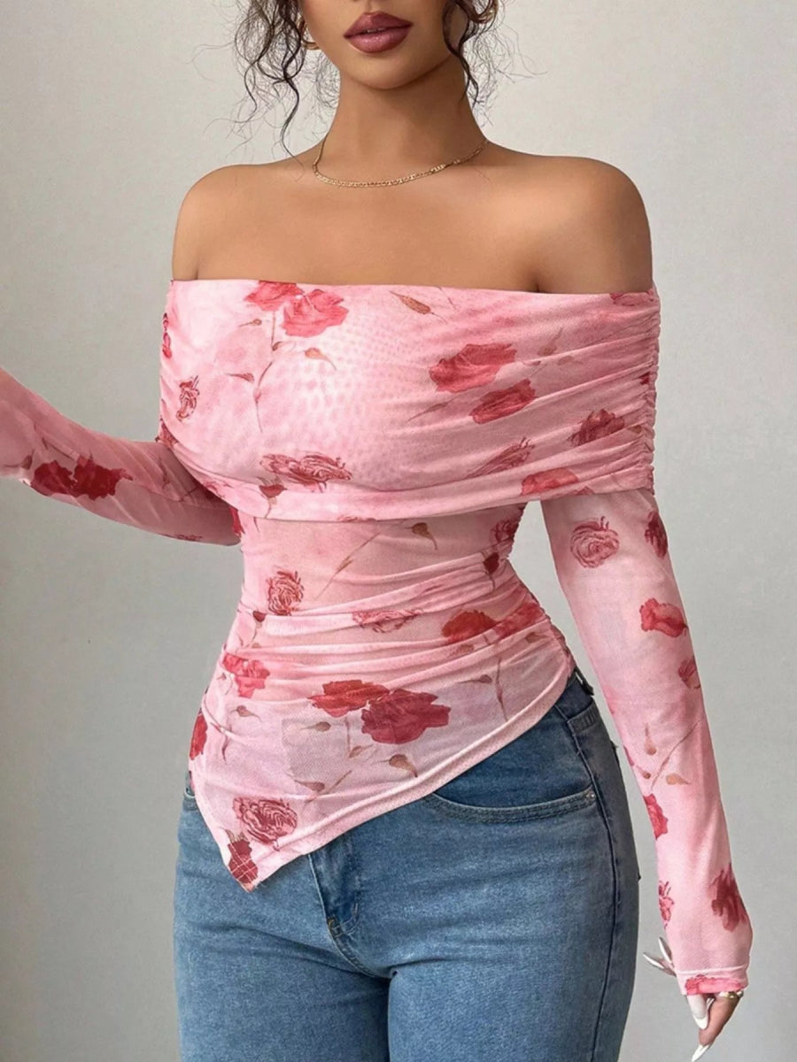Floral Print Off-Shoulder Mesh Top-Nordavory