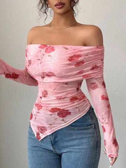 Floral Print Off-Shoulder Mesh Top-Nordavory