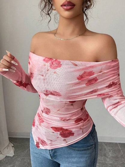 Floral Print Off-Shoulder Mesh Top-Nordavory